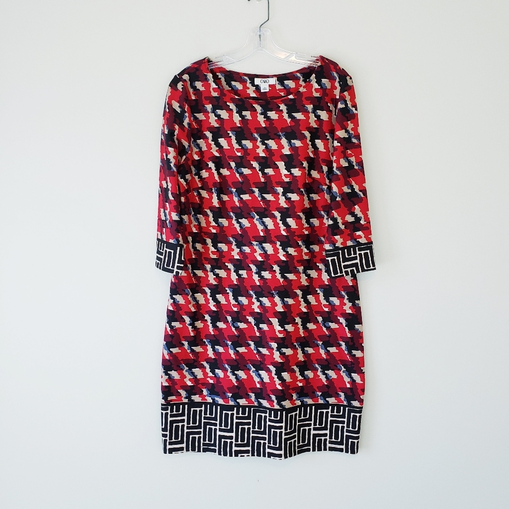 Cato Shift Dress Long Sleeve Mod Geo Print Retro Red Black Cream Size Large - Picture 8 of 11